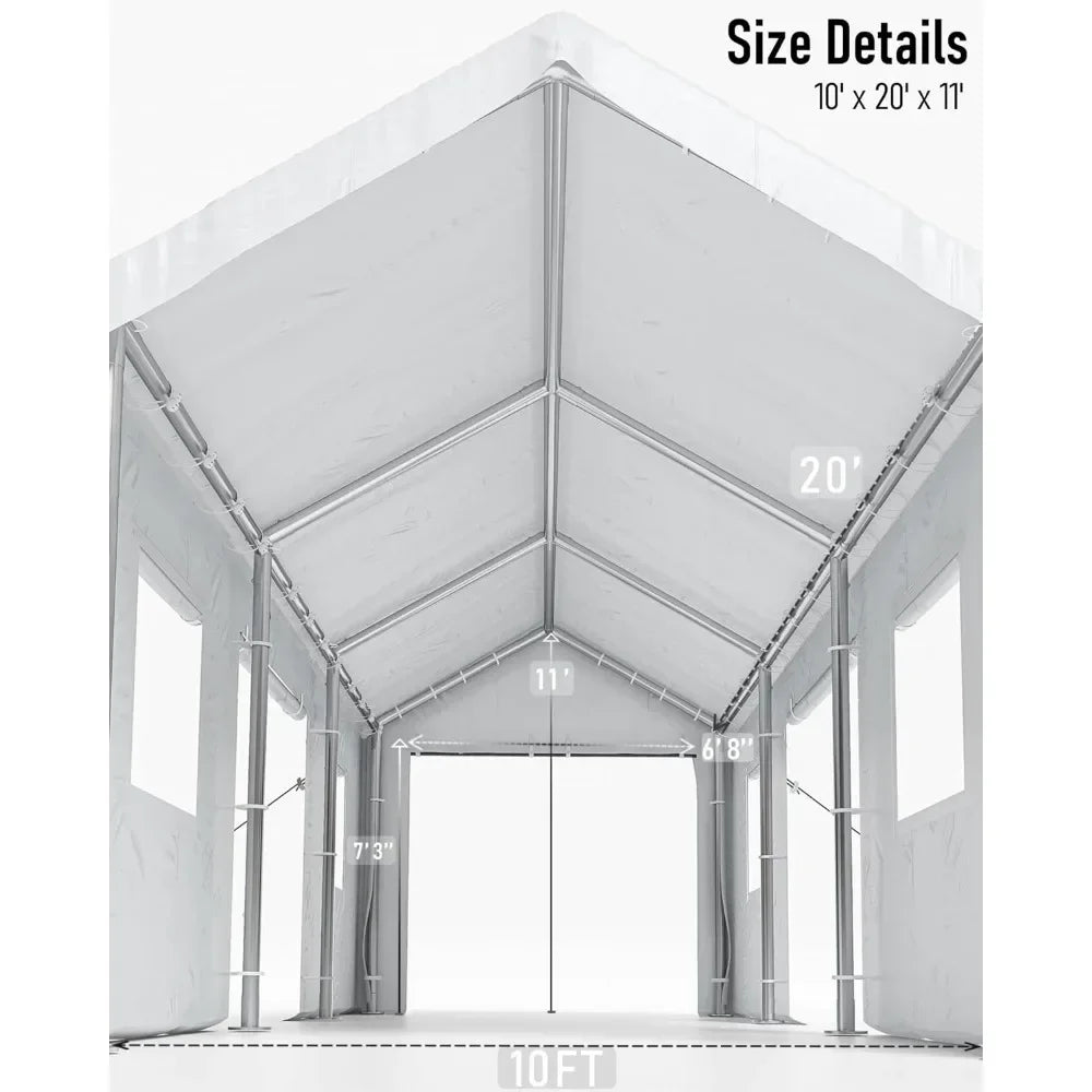 2 Side Doors Car Portable Garage Carport 10'x20' Heavy Duty Portable Garage 1.0 Mm Steel Poles & 180 G PE Waterproof Canopy Home
