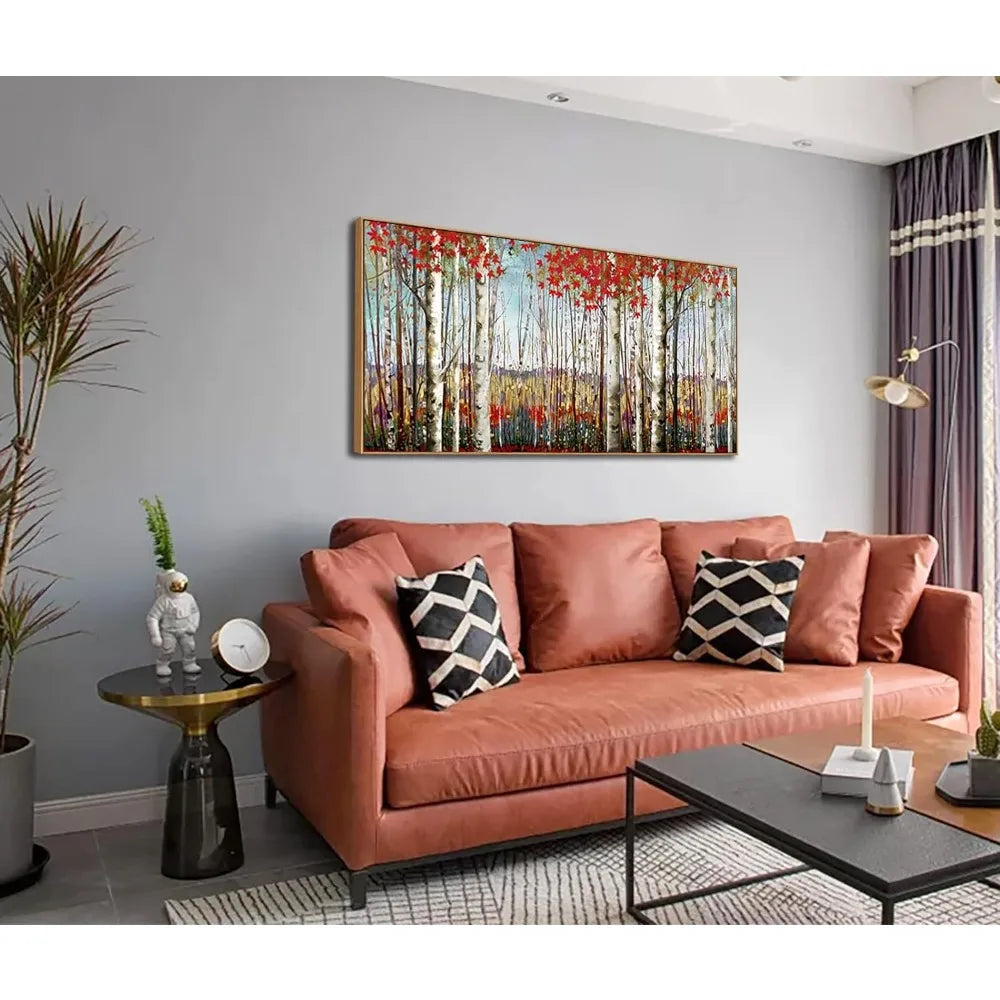 Modern Wall Decor of Red Leaves White Birch Tree Painting