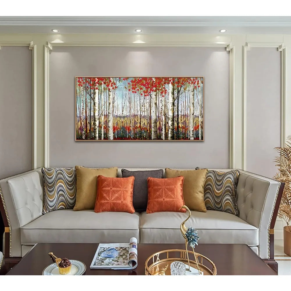 Modern Wall Decor of Red Leaves White Birch Tree Painting