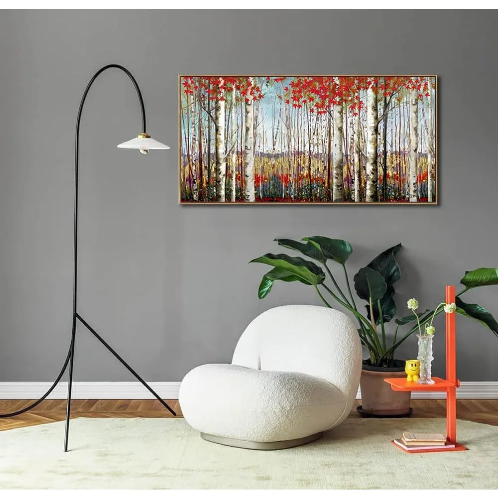 Modern Wall Decor of Red Leaves White Birch Tree Painting