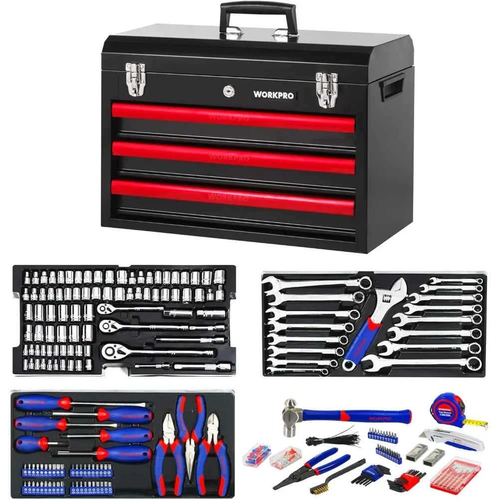 408-Piece Mechanics Tool Set, with 3-Drawer Heavy Duty Metal Box, Hand Tool Kit