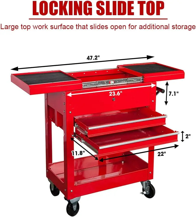 Red Rolling Garage Workshop Tool Organizer, 2 Drawer Tool Chest Tray with Top Work Surface Storage Push Cart