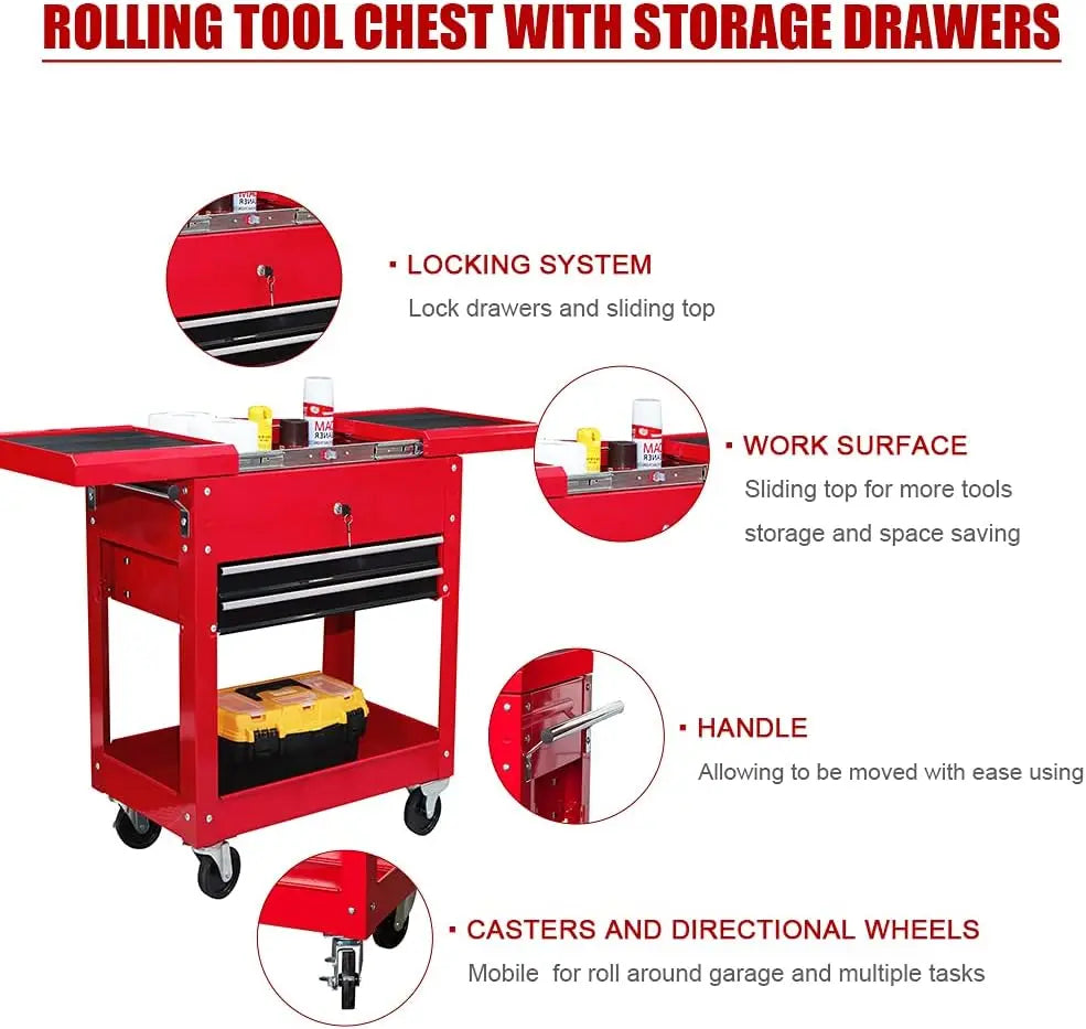 Red Rolling Garage Workshop Tool Organizer, 2 Drawer Tool Chest Tray with Top Work Surface Storage Push Cart