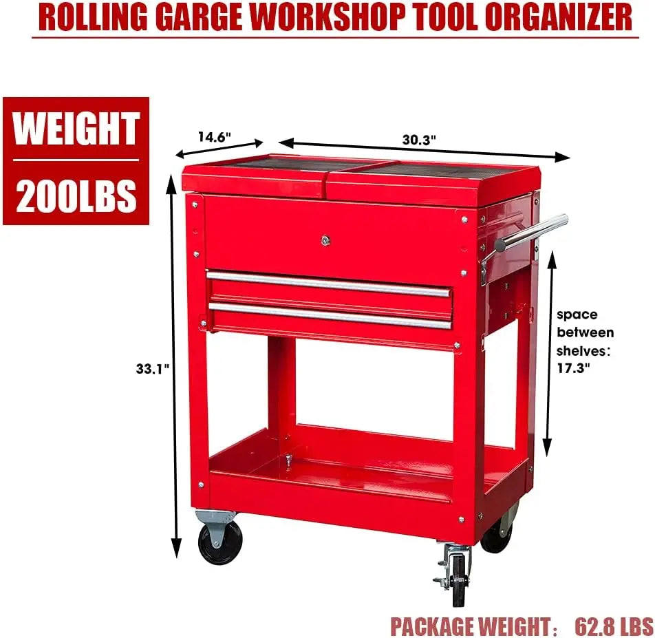 Red Rolling Garage Workshop Tool Organizer, 2 Drawer Tool Chest Tray with Top Work Surface Storage Push Cart