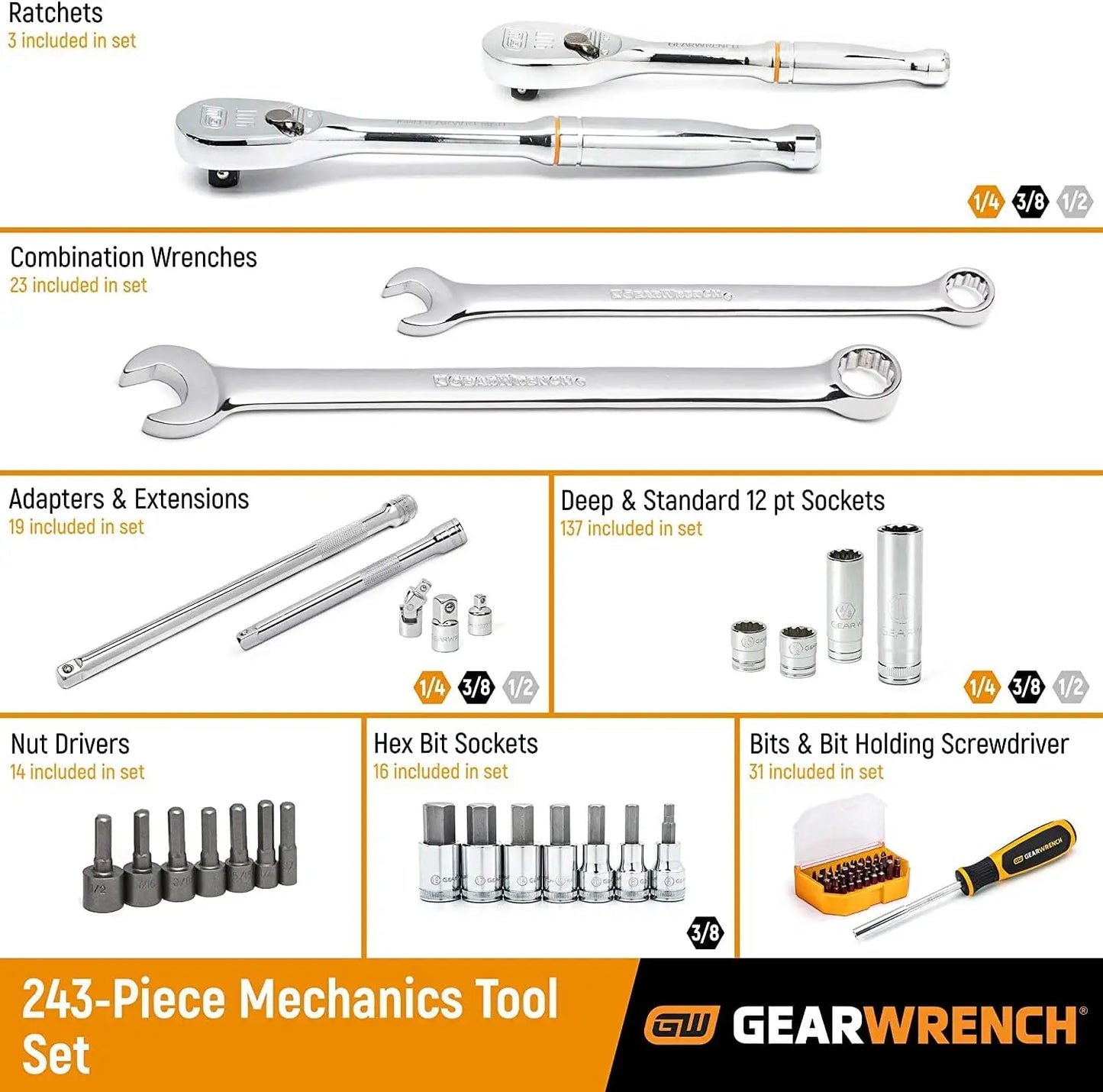 243 Pc. 12 Pt. Mechanics Tool Set in 3 Drawer Storage Box - 80972