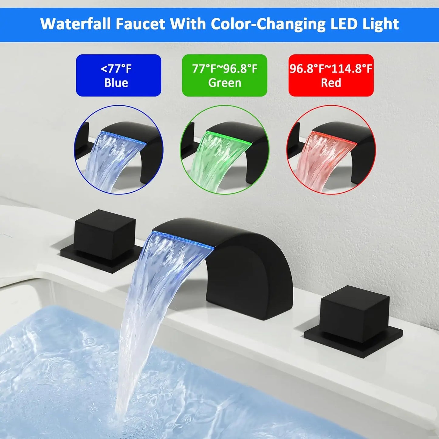 LED Bathroom Faucets Waterfall Vanity Faucet 3 Holes Widespread Two Handle