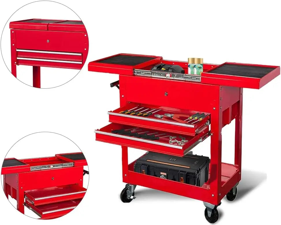 Red Rolling Garage Workshop Tool Organizer, 2 Drawer Tool Chest Tray with Top Work Surface Storage Push Cart