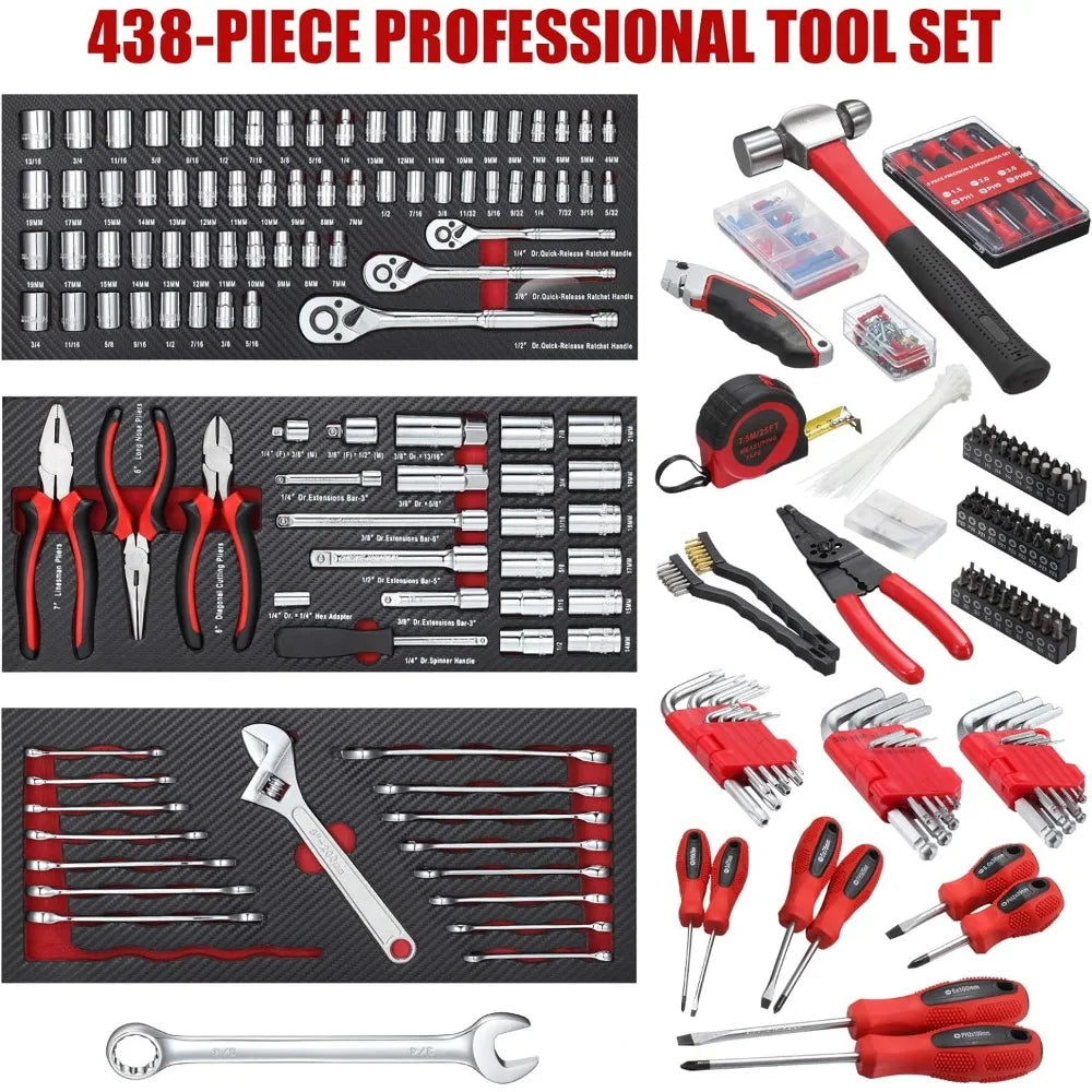 438-Piece Mechanics Tool Set with 3-Drawer Heavy Duty Metal Box