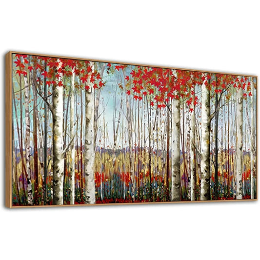 Modern Wall Decor of Red Leaves White Birch Tree Painting