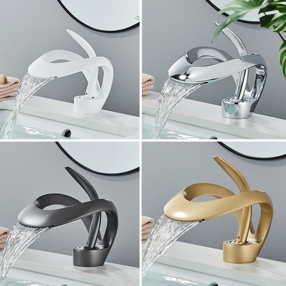 Faucet Grey Bathroom Waterfall Mixer Tap Brass Hot Cold Water Crane