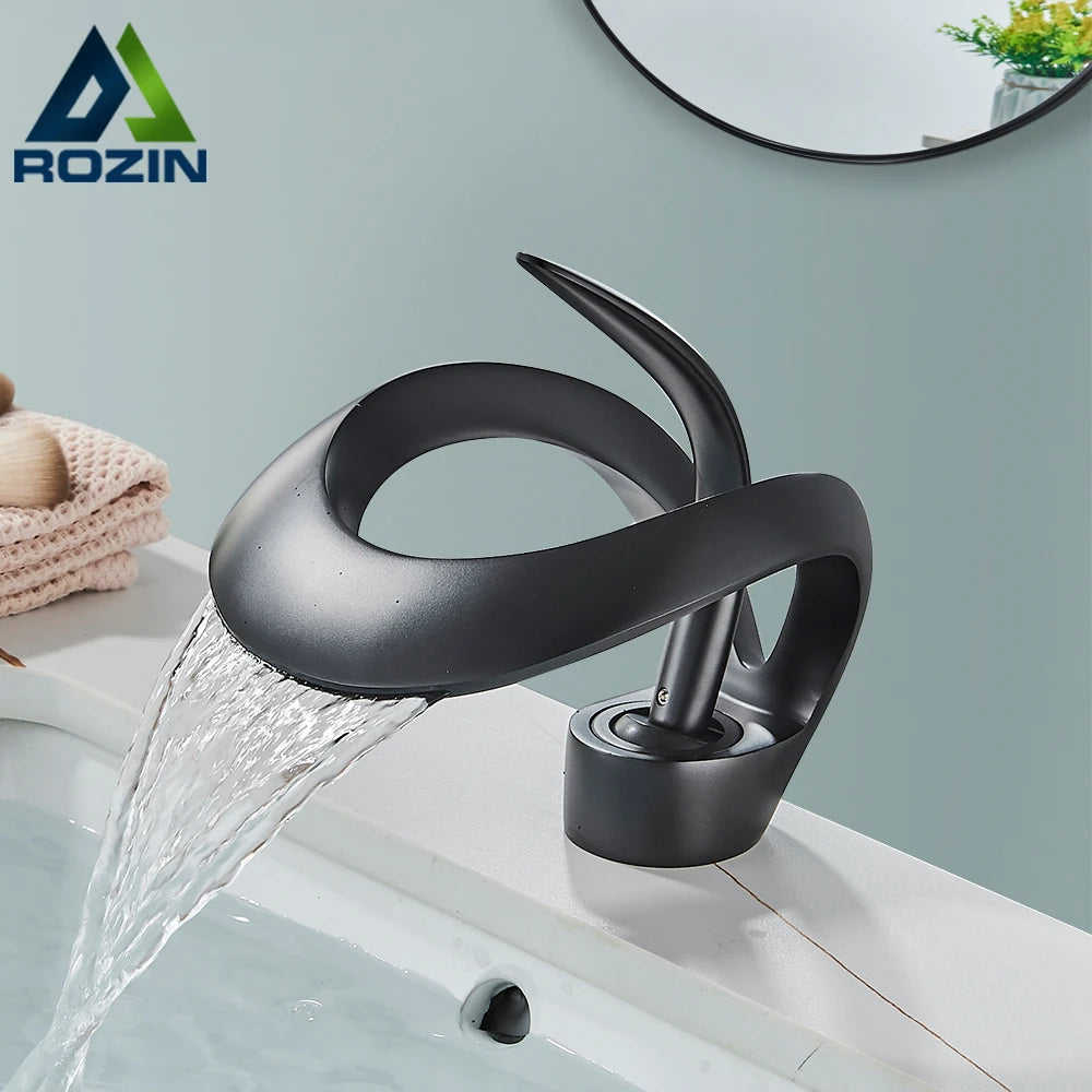 Faucet Grey Bathroom Waterfall Mixer Tap Brass Hot Cold Water Crane